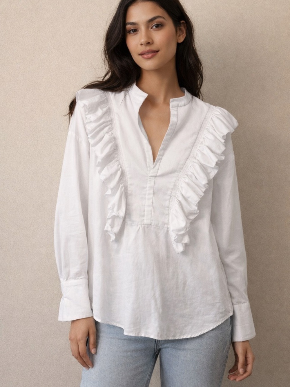 Acler Ivory Ruffle Blouse Cotton V Neck Long Sleeve Size 6 - Picture 9 of 9